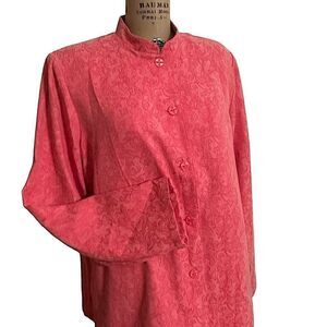 Vintage Sag Harbor Pink floral suedette long sleeve band collar shirt size 16